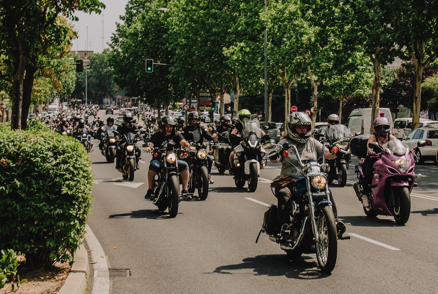 Docenas de motos Harley Davidson circulan por una calle 