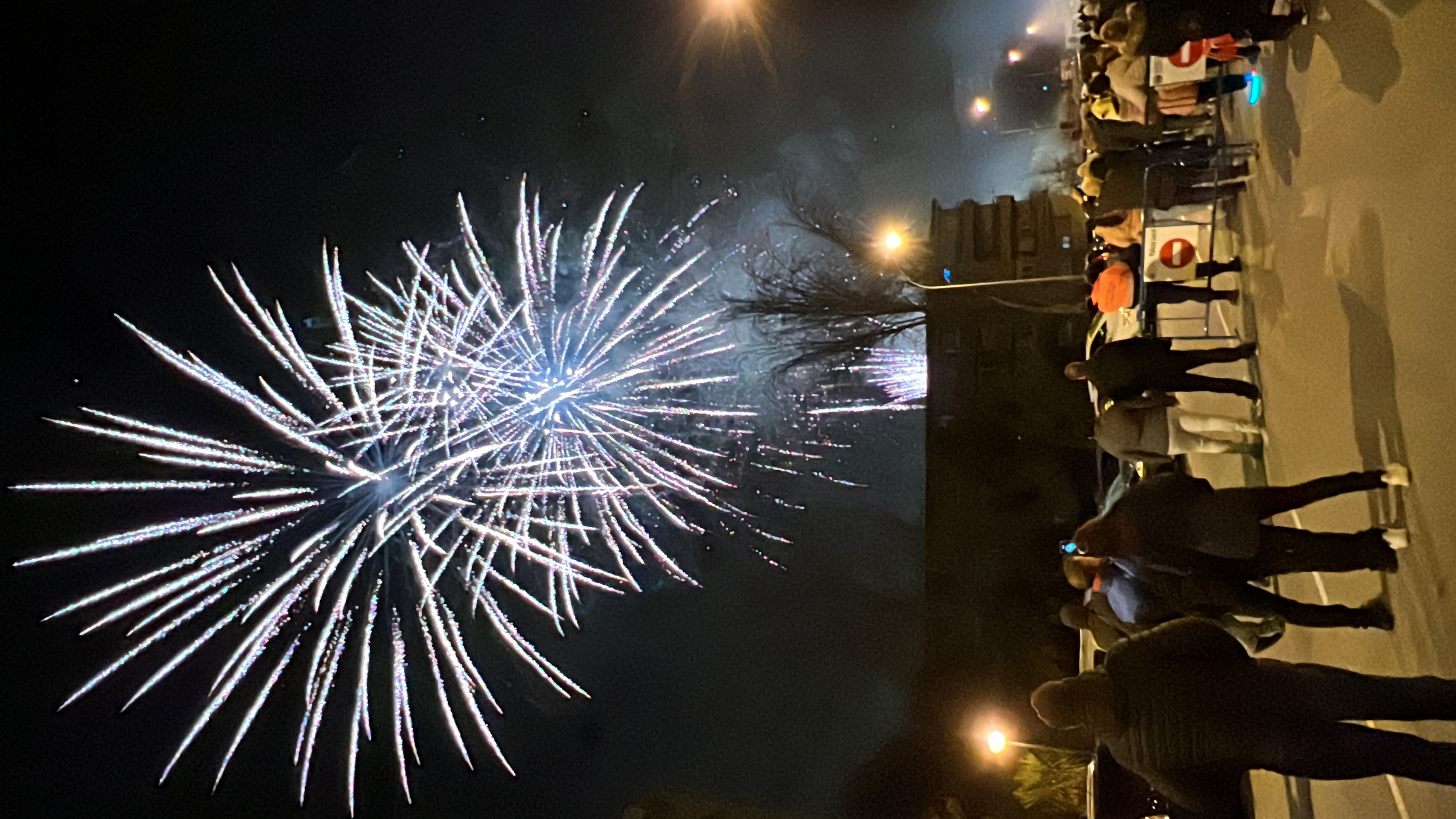 Un grupo de gente en la calzada viendo un castillo de fuegos artificiales