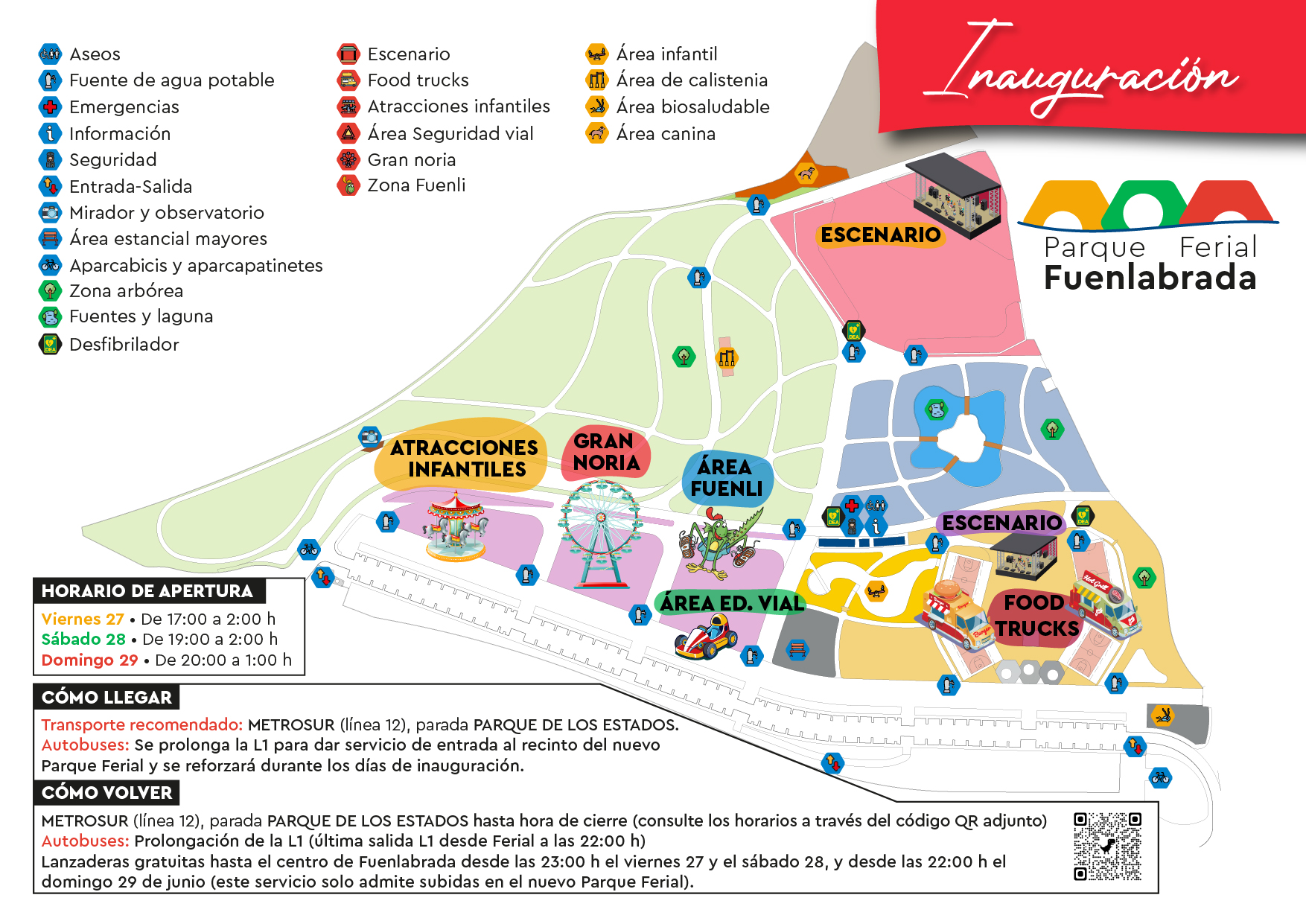 Mapa con horarios y áreas del Parque Ferial