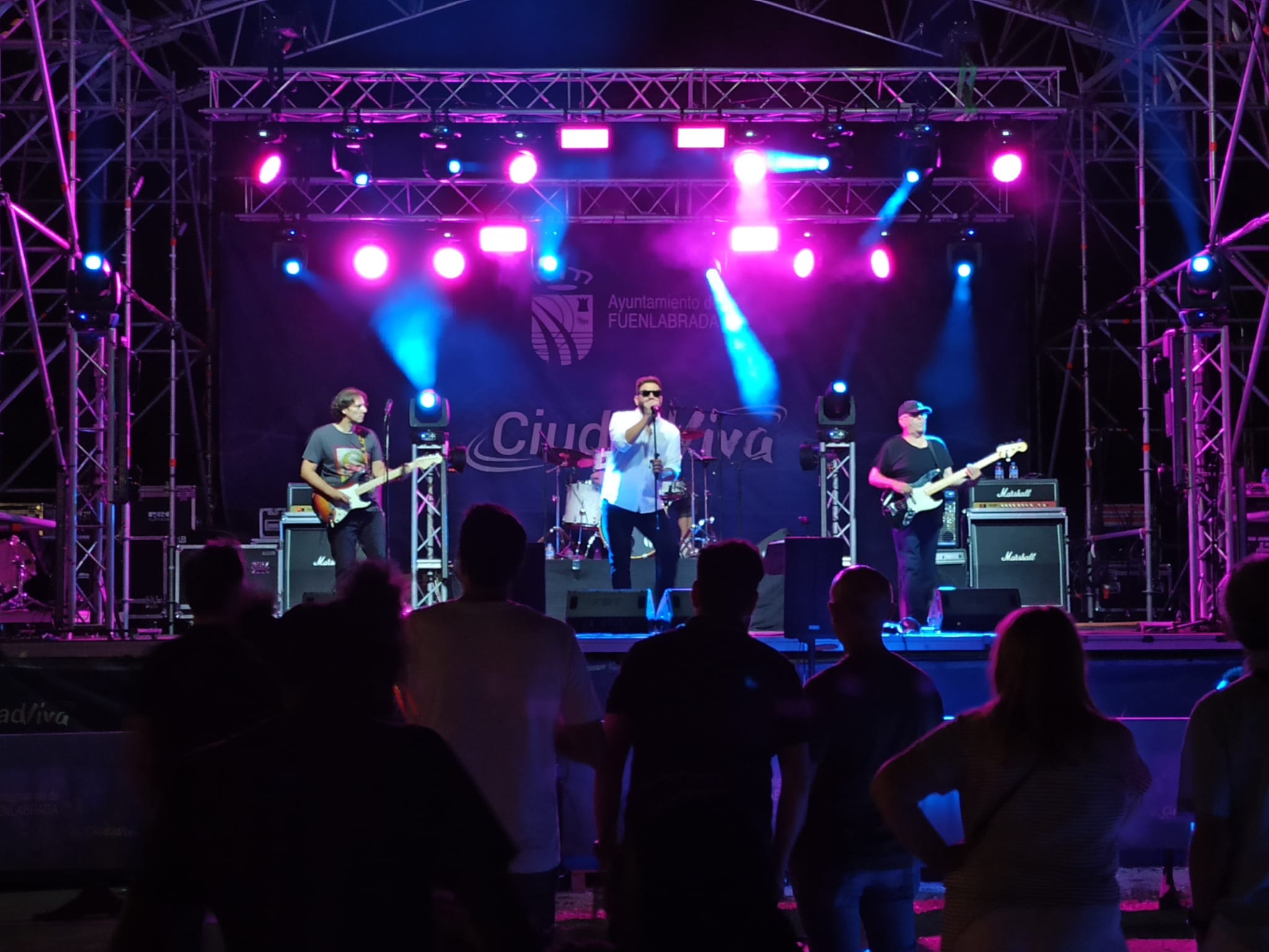 Grupo musical actuando en un escenario de noche