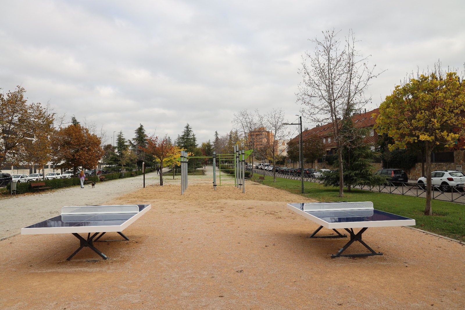 Mesas de ping pong  y aparatos de ejercicios en parque de La Salud