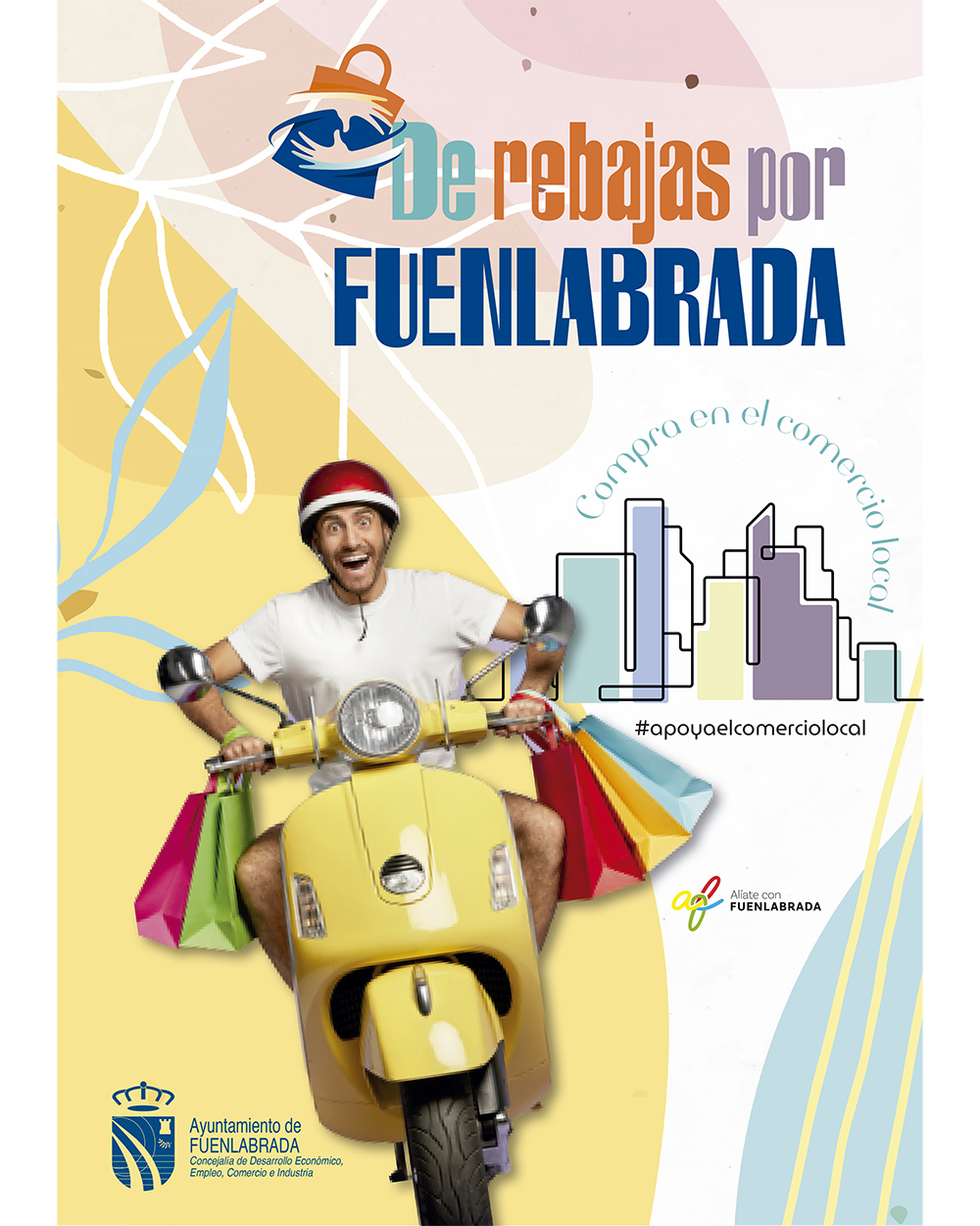 Cartel De Rebajas por Fuenlabrada con un hombre joven montado en una moto y con bolsas de compras 