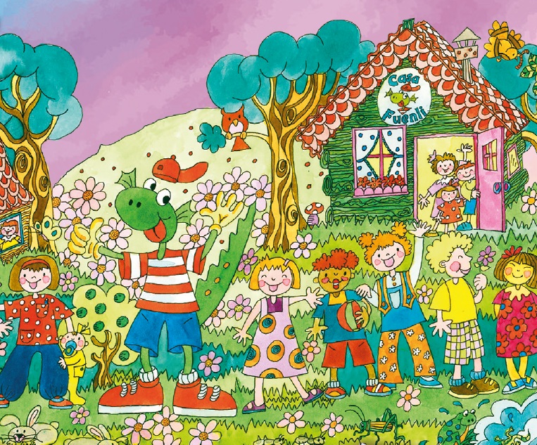 Ilustración de Fuenli con niños en el campo
