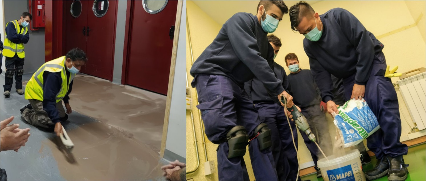 Dos imágenes de personas en los cursos de albañilería