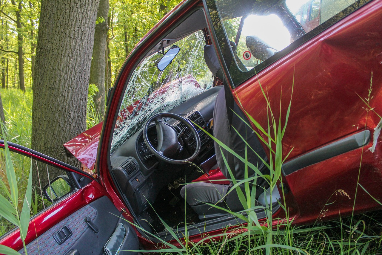  Imagen de un coche accidentado contra un árbol de Rico Löb en Pixabay