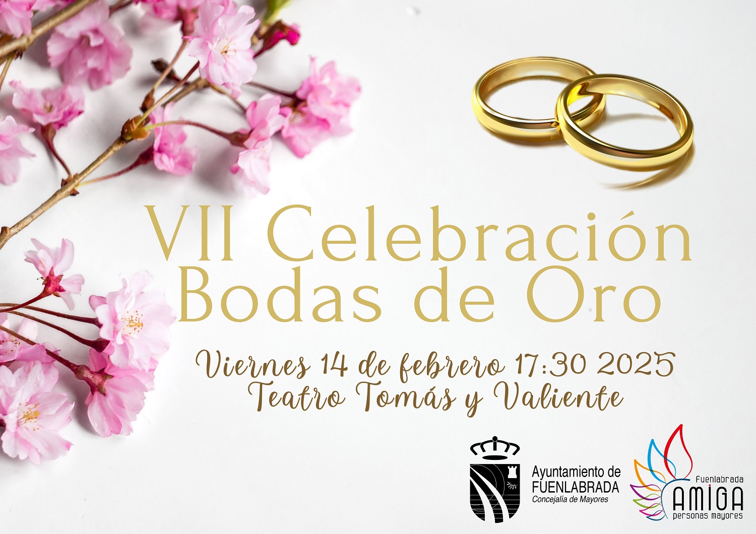 Cartel anunciador con flores y dos anillos 