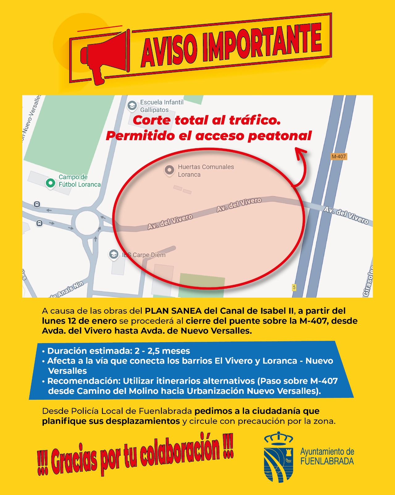 Aviso de las obras en la avenida del Vivero