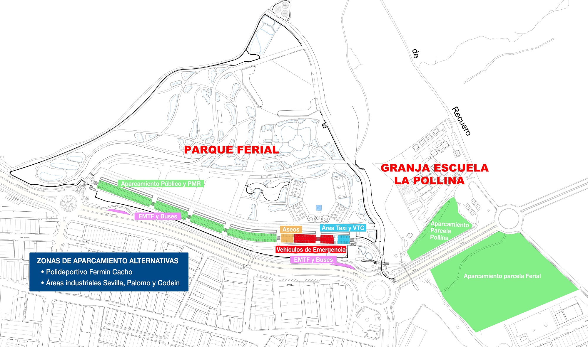 Plano de las zonas de aparcamiento en el Parque Ferial