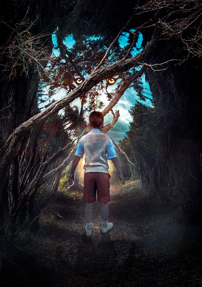Imagen del cartel que recrea un niño en un bosque oscuro al que mira un lobo