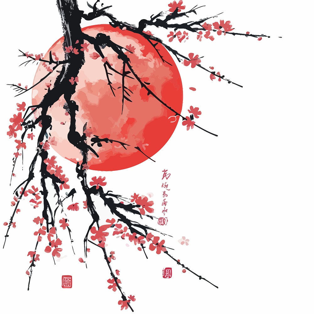 Dibujo japonés de una rama de cerezo