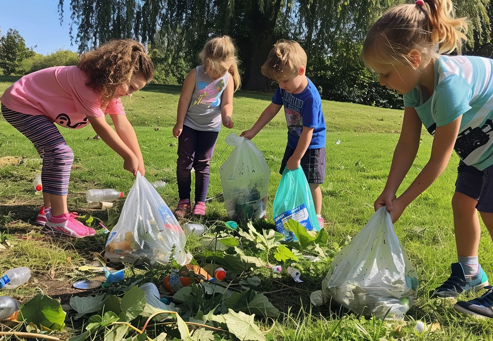 Niños recogiendo residuos en el campo
