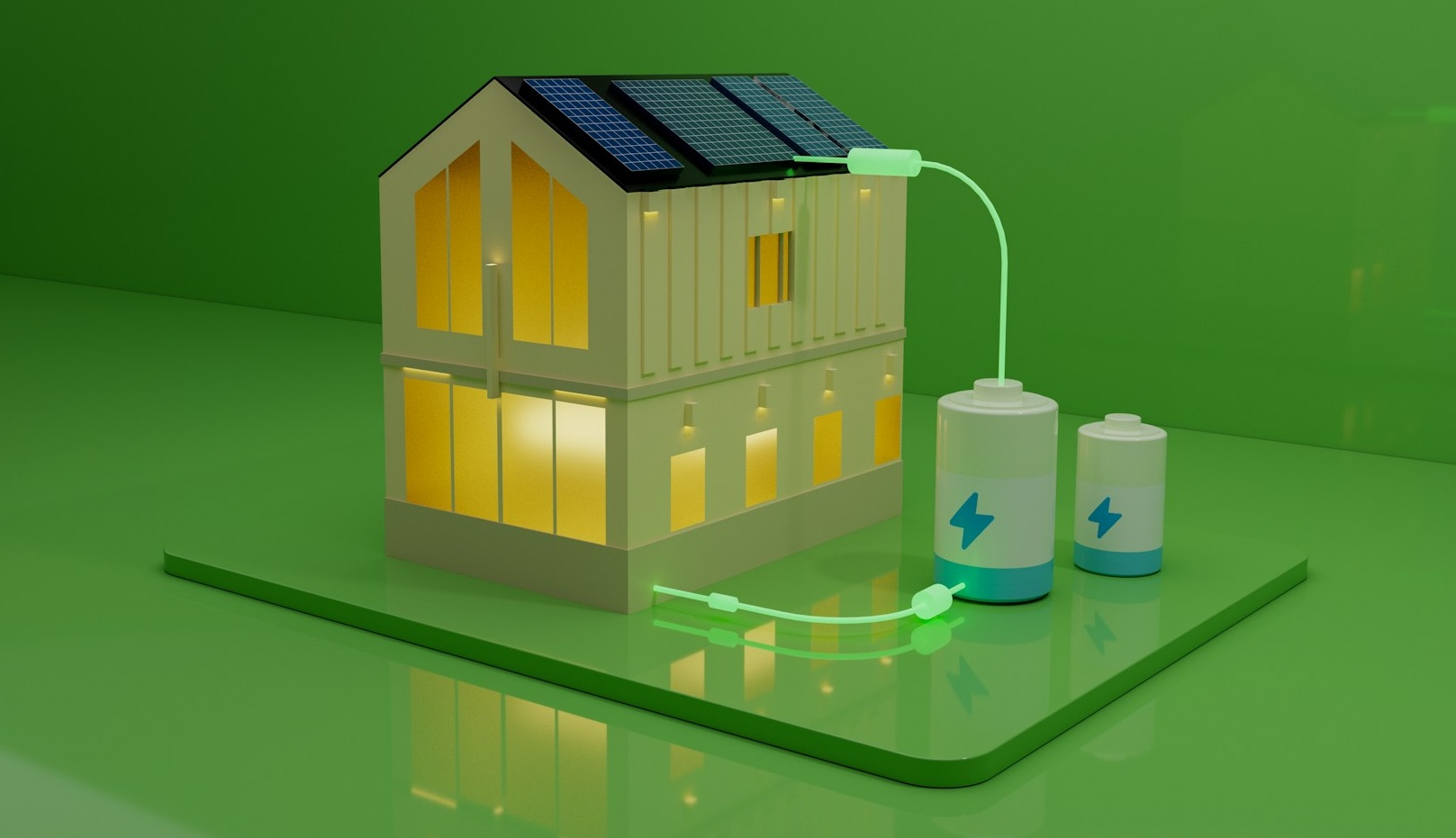 Infografía de una casa con paneles solares conectada a una batería