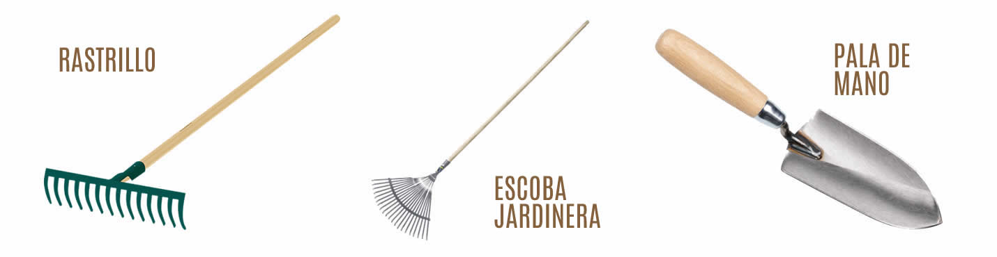Rastrillo, escoba jardinera y pala de mano