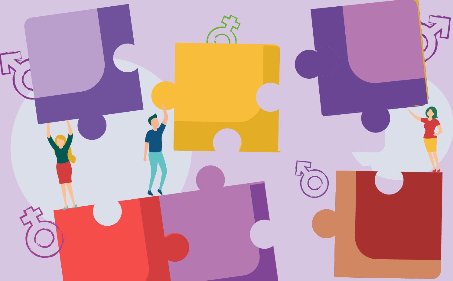 Ilustración con un hombre y dos mujeres sujetando piezas de un puzle