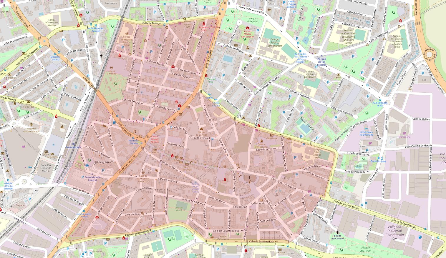 Mapa del centro de Fuenlabrada con la zona de bajas emisiones (ZBE) sombreada