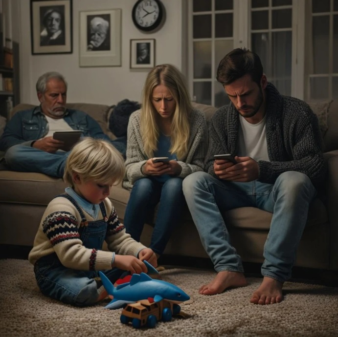 Imagen de la campaña donde una familia está con sus móviles y un niño está abatido
